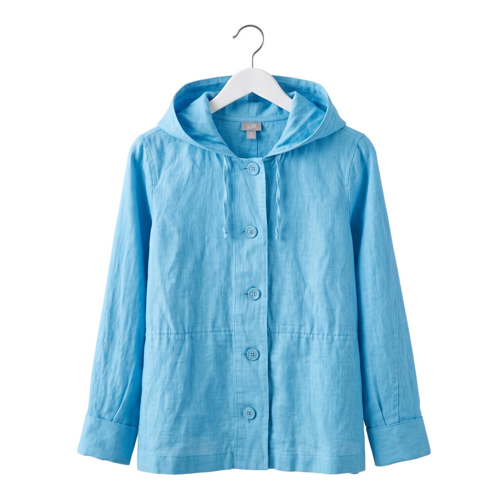 J. Jill Pretty Blue Linen Button Front Jacket with Hoodie. Size S